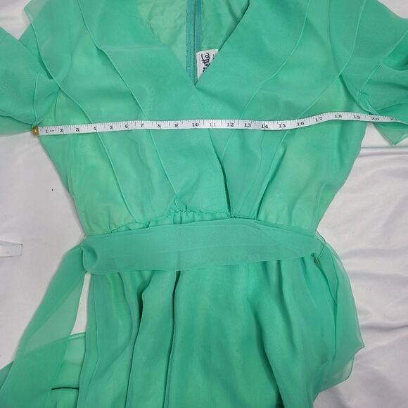 VINTAGE 60s dress chiffon mint green tiered puff sleeve hostess S - Picture 14 of 16